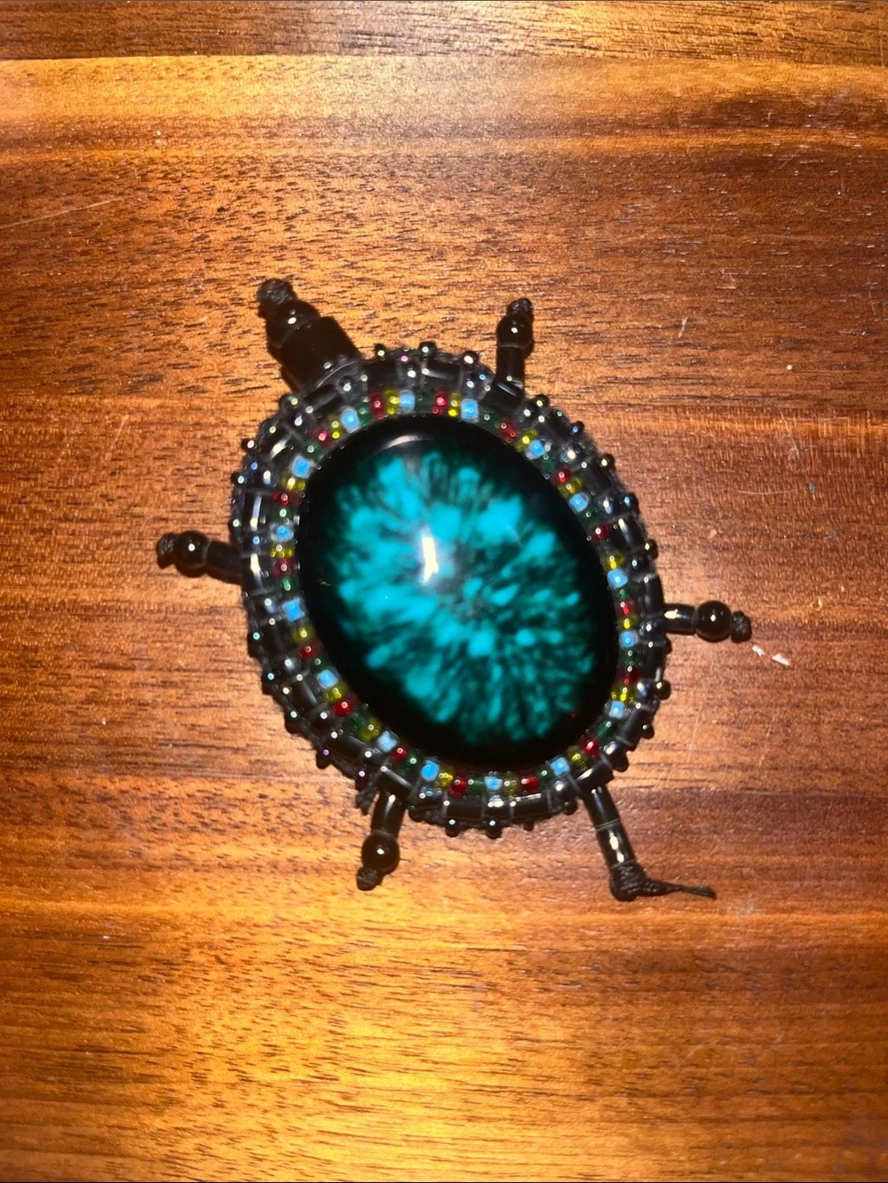 Handmade Teal Cabochon Turtle Beaded Brooch with Rainbow & Black Accents NEW